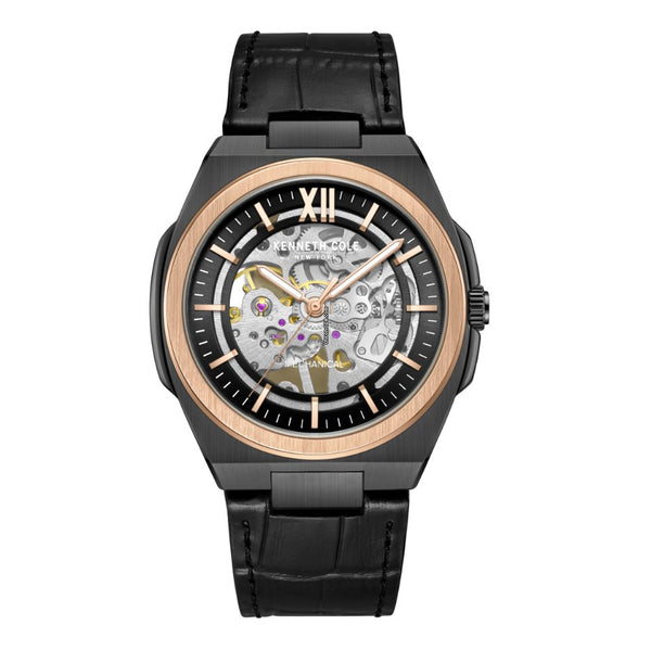 KENNETH COLE: AUTOMATIC BLACK LEATHER STRAP